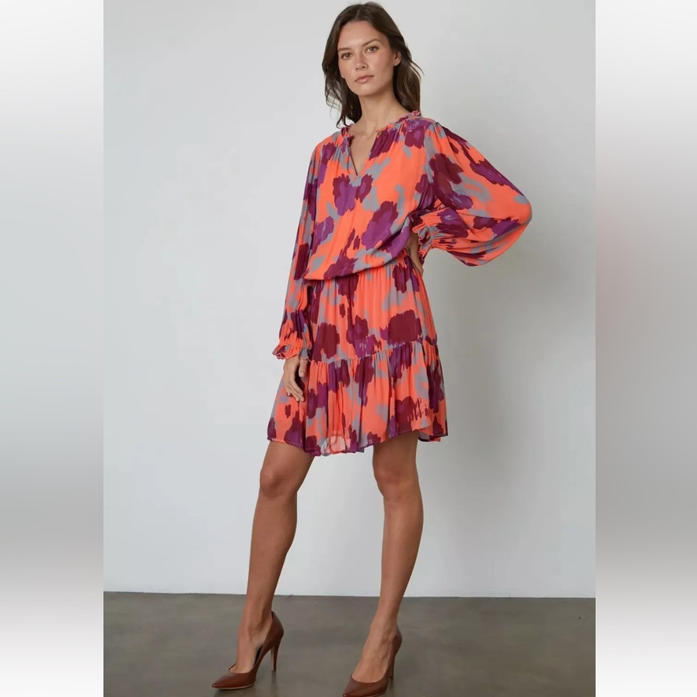 Velvet by Graham and Spencer Regina Printed Coral Long Sleeve Boho Dress- Size L